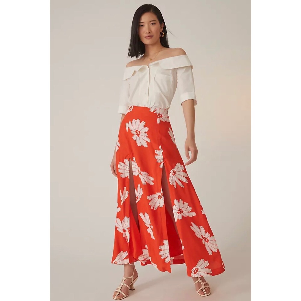 Anthropologie Maeve Floral Midi Skirt Orange Red White Size 4